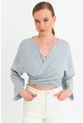 Kadın Mavi Müslin Crop Bluz PC20700