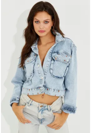 Kadın Mavi Nakışlı Denim Kısa Ceket İS802