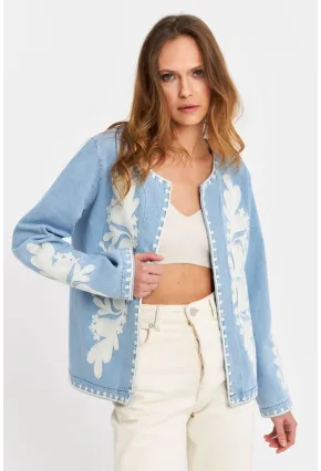 Kadın Mavi Nakışlı Mevsimlik Denim Premium Ceket QS5583