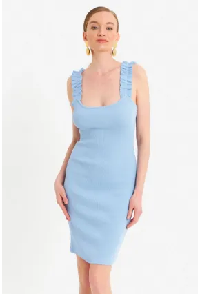 Kadın Mavi Omuz Bantlı Kaşkorse Mini Elbise URO203