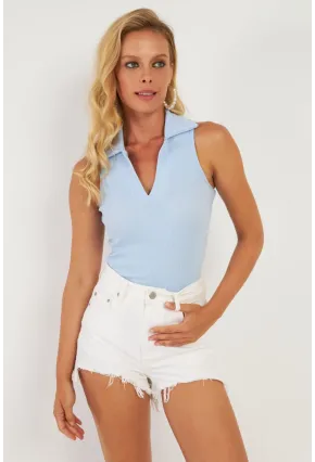 Kadın Mavi Polo Yaka Kaşkorse Bluz MK10