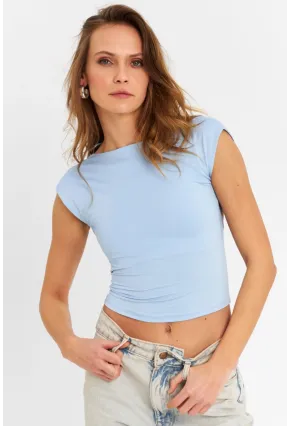 Kadın Mavi Sırtı Açık Crop Bluz ZH083