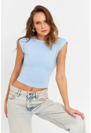 Kadın Mavi Sırtı Açık Crop Bluz ZH083