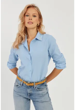 Kadın Mavi Taş Detaylı Gömlek ZER402
