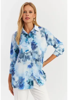 Kadın Mavi Taş Düğmeli Desenli Gömlek MLVF9