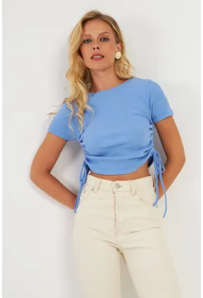 Kadın Mavi Yanları Büzgülü Kaşkorse Bluz AYD355