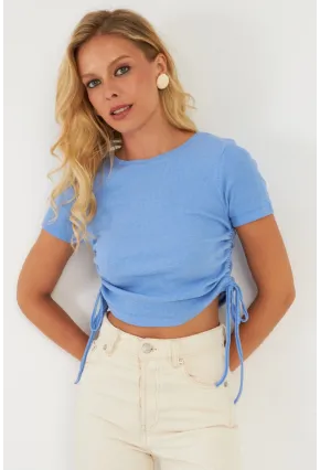 Kadın Mavi Yanları Büzgülü Kaşkorse Bluz AYD355
