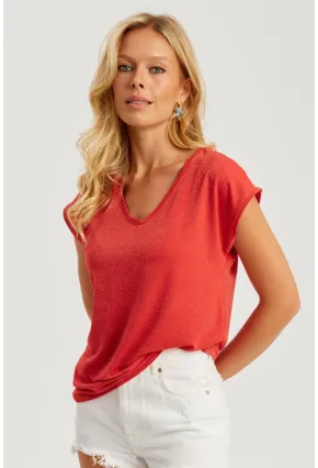 Kadın Mercan V Yaka Simli Bluz RX436