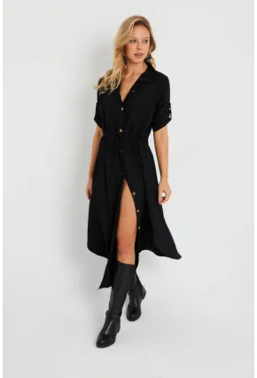 Kadın Midi Gömlek Elbise Siyah Q984
