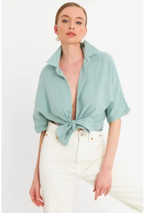 Kadın Mint Bağlamalı Keten Bluz BTH16