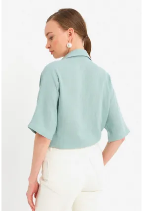 Kadın Mint Bağlamalı Keten Bluz BTH16