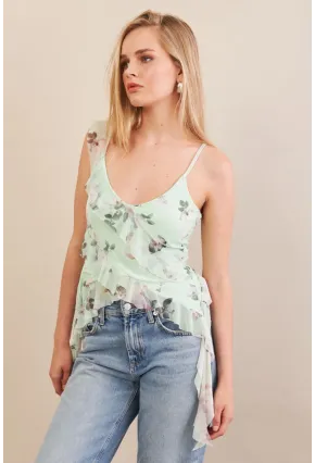 Kadın Mint Desenli Fırfırlı Şifon Bluz FS033