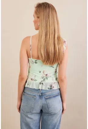 Kadın Mint Desenli Fırfırlı Şifon Bluz FS033