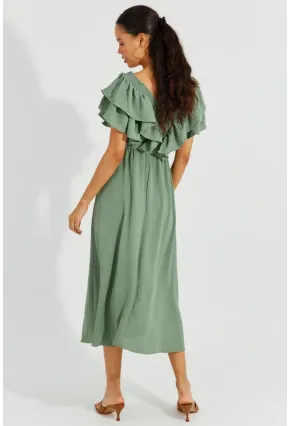 Kadın Mint Ön Arka V Volanlı Elbise KS113