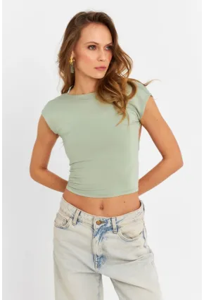 Kadın Mint Sırtı Açık Crop Bluz ZH083