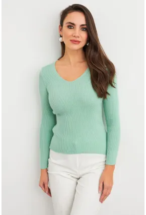 Kadın Mint V Yaka Triko Bluz YV284