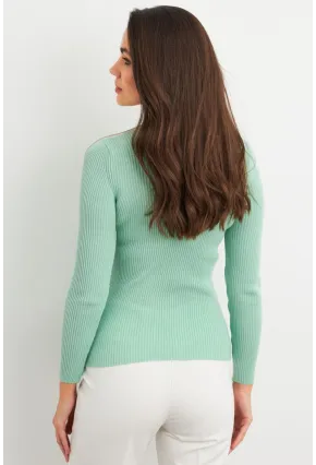 Kadın Mint V Yaka Triko Bluz YV284
