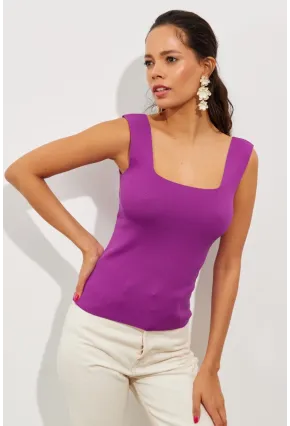 Kadın Mor Kare Yaka Triko Bluz YV87