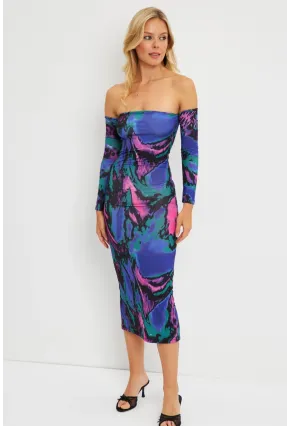 Kadın Multi Madonna Yaka Desenli Midi Elbise DMR278