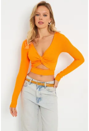 Kadın Önü Düğümlü Crop Bluz Turuncu AYD287