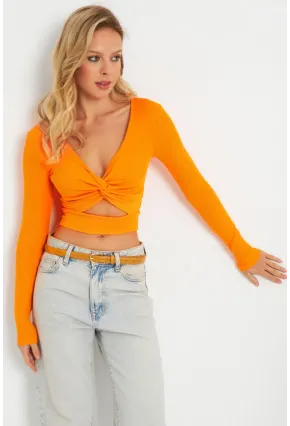 Kadın Önü Düğümlü Crop Bluz Turuncu AYD287