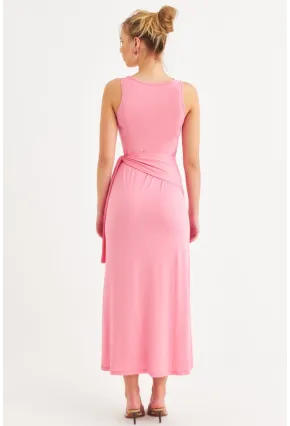 Kadın Pembe Büzgülü Kolsuz Midi Elbise TF75