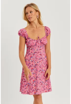 Kadın Pembe Çiçekli Mini Elbise GÇ165