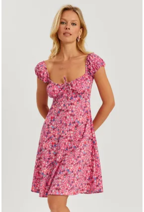 Kadın Pembe Çiçekli Mini Elbise GÇ165