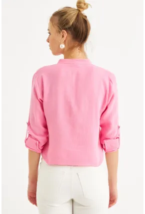 Kadın Pembe Düğmeli Keten Gömlek Bluz BTH17
