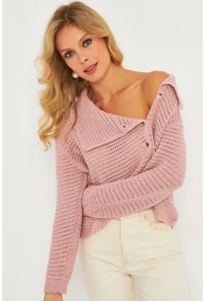 Kadın Pembe Geniş Yakalı Triko Hırka MİW4571