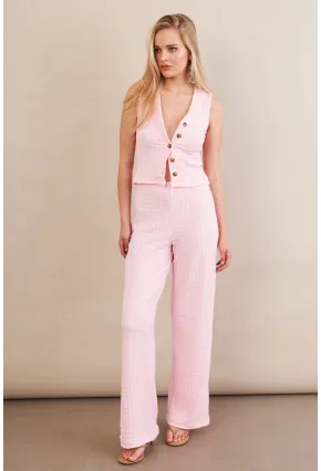 Kadın Pembe Gofre Yelek Pantalon Takım FLU330