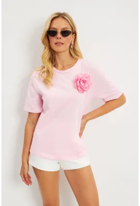 Kadın Pembe Gül Aksesuarlı T-Shirt SF12721