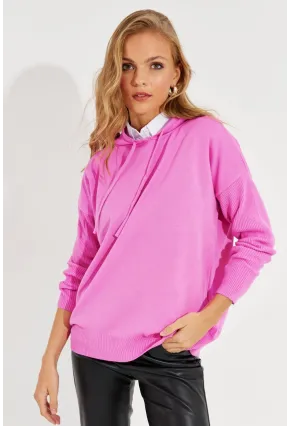 Kadın Pembe Kapüşonlu Cepli Triko Kazak YZ520