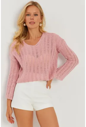 Kadın Pembe V Yaka Ajurlu Triko Bluz YV233