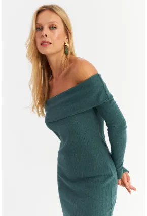 Kadın Petrol Madonna Yaka Kaşkorse Maxi Elbise HOL1