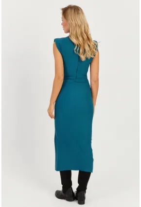 Kadın Petrol Vatkalı Yırtmaçlı Midi Elbise MON120