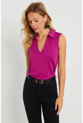 Kadın Polo Yaka Bluz Fuşya AYD276