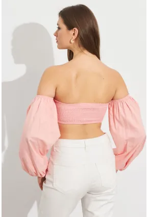 Kadın Pudra Balon Kol Crop Bluz ROP111