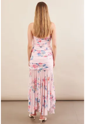 Kadın Pudra Drapeli Straplez Midi Tül Elbise ERL101