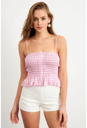 Kadın Pudra Ekose Lastikli Crop Bluz MTK13397