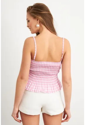 Kadın Pudra Ekose Lastikli Crop Bluz MTK13397