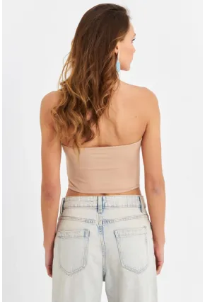 Kadın Pudra Straplez Crop Bluz B6081