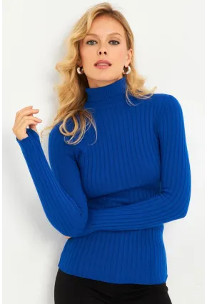 Kadın Saks Balıkçı Yaka Eldivenli Triko Bluz HNT03