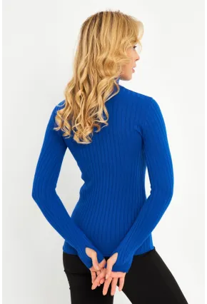 Kadın Saks Balıkçı Yaka Eldivenli Triko Bluz HNT03