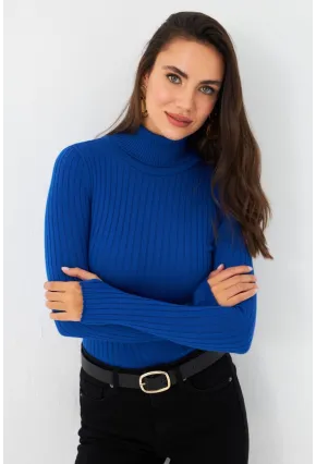 Kadın Saks Balıkçı Yaka Triko Bluz YV102-90