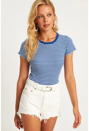 Kadın Saks-Beyaz Çizgili Bluz XL2005