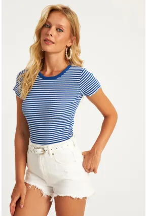 Kadın Saks-Beyaz Çizgili Bluz XL2005