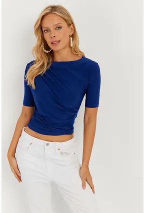 Kadın Saks Büzgülü Bluz YZ623