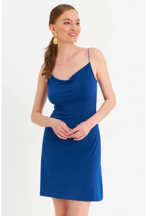 Kadın Saks Degaje Basic Mini Elbise YDF100