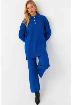 Kadın Saks İnci Düğmeli Triko Alt Üst Takım MNUV33